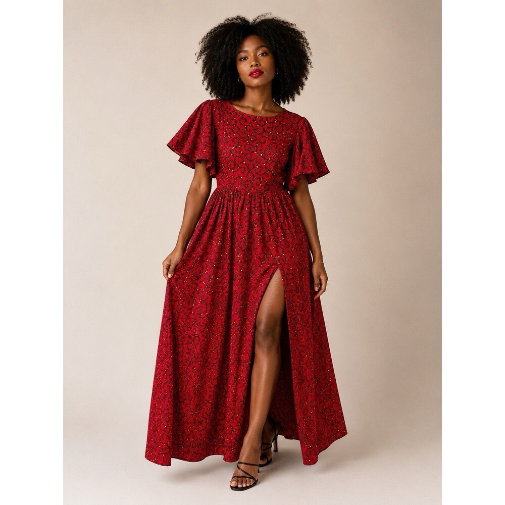 Handmade Ankara African Wax Print Formal Ocassion Dress Red Flutter Sleeve XL